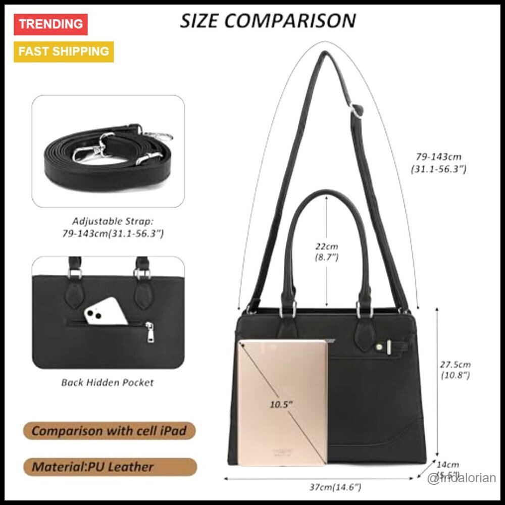 Structured Vegan Leather Satchel Tote Bag Top Handle Shoulder Work Bag - Picture 5 of 6